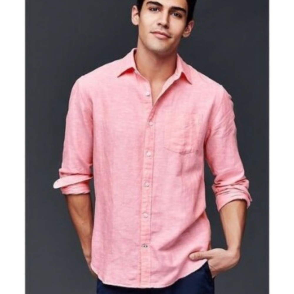 GAP Men's Light Pink Linen and Cotton Long-Sleeve‎ Button-Down Shirt Size Large